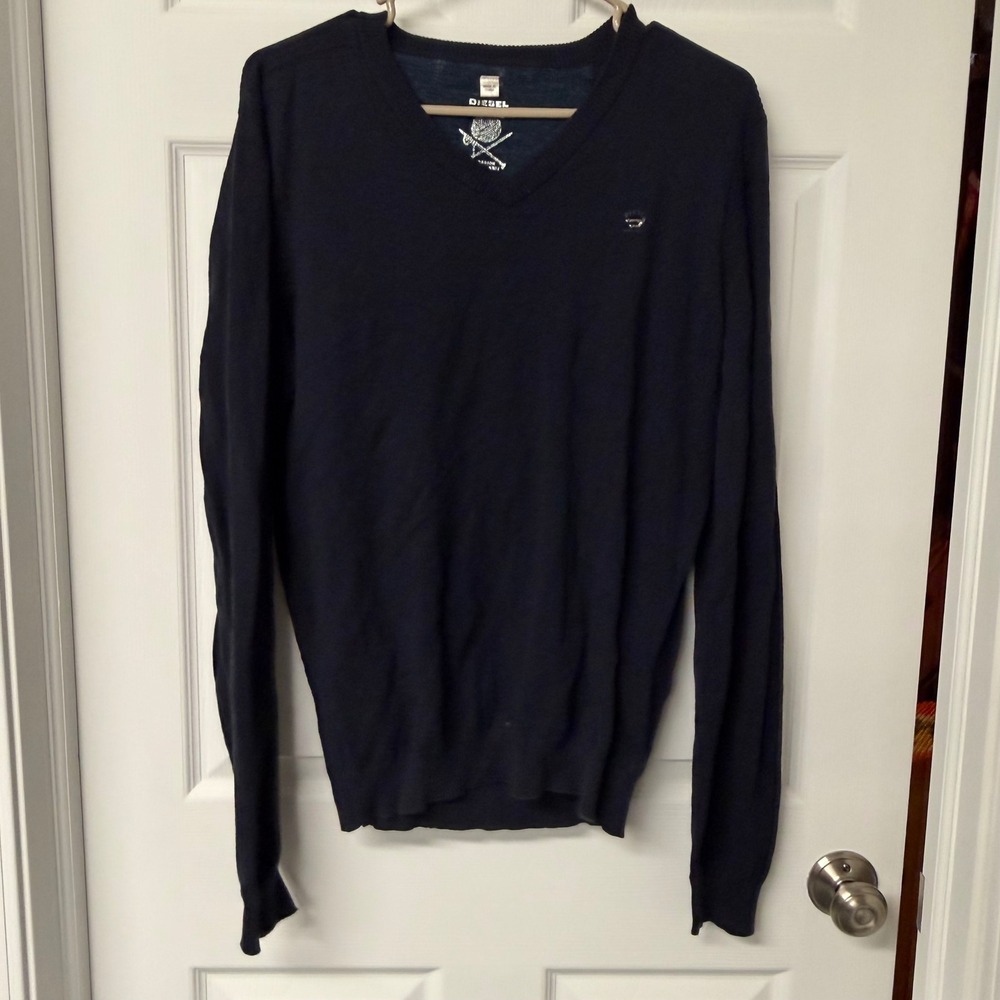 Diesel Mens Navy Blue V-Neck Cotton Blend Knit Sweater Size L RN 93243 CA 25594